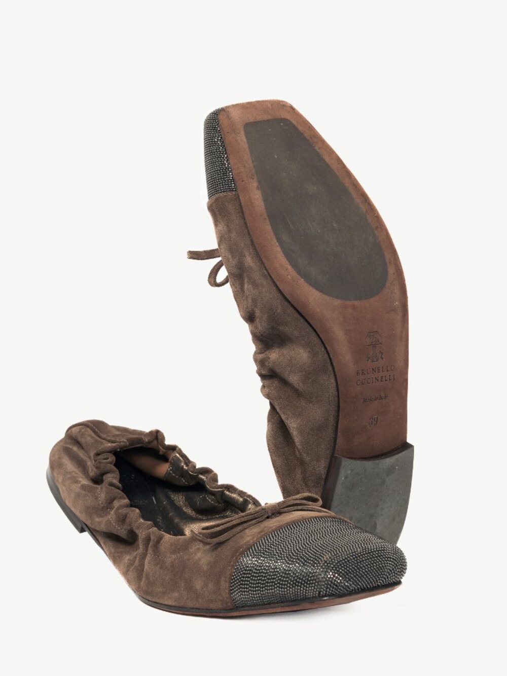 Brunello Cucinelli Brown Suede Monili-Cap-Toe Bow Flats - Picture 5 of 10